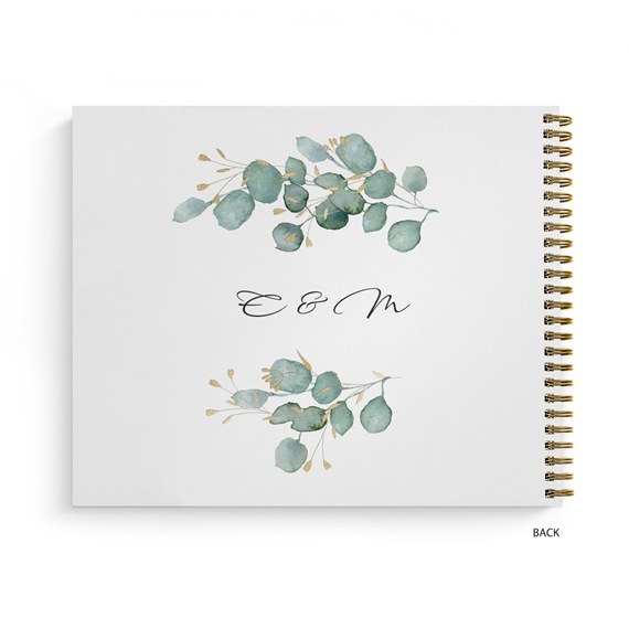 guest book with eucalyptus design and initials E & M