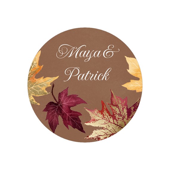 round autumn wedding sticker with leaves and customizable text area