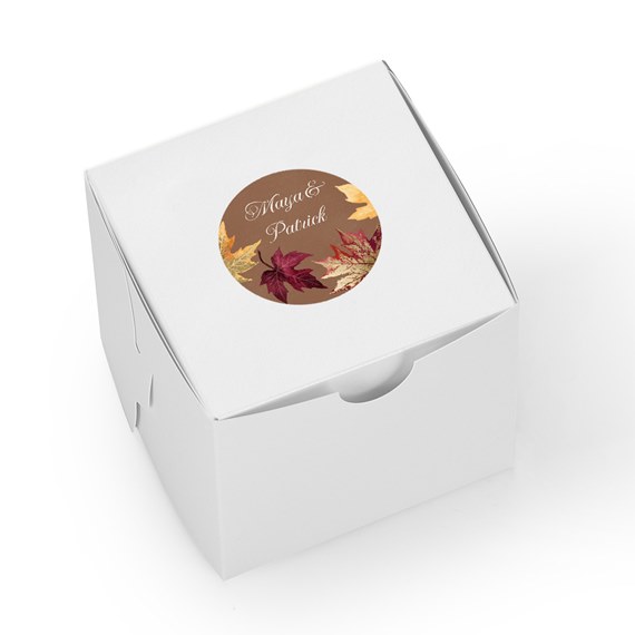 sticker on white box with autumn leaves and customizable text area