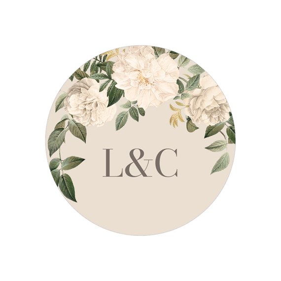 vintage floral wedding sticker with initials L&C