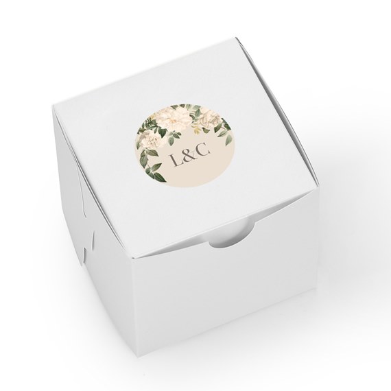 vintage floral wedding sticker on white box with initials