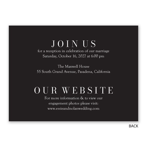 black invitation card with white text for a marriage reception