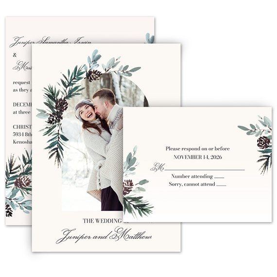 winter beauty wedding invitation with RSVP postcard and foliage design
