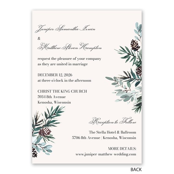 winter beauty invitation with greenery and pinecones