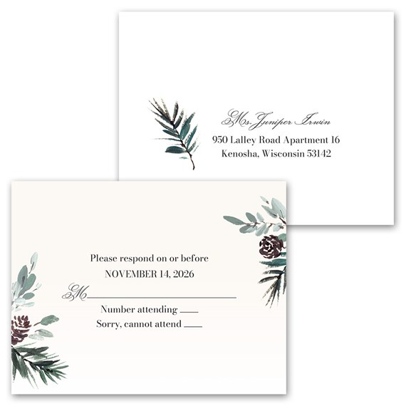 winter beauty invitation and response postcard with floral elements