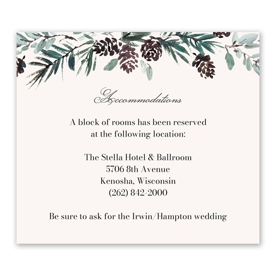 accommodations information card with leaf and pinecone border