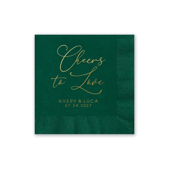 dark green cocktail napkin with gold text