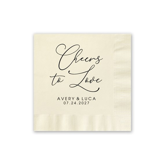 ecru cocktail napkin with black text and ribbed border
