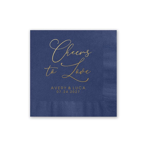 navy foil cocktail napkin with gold text and customizable area