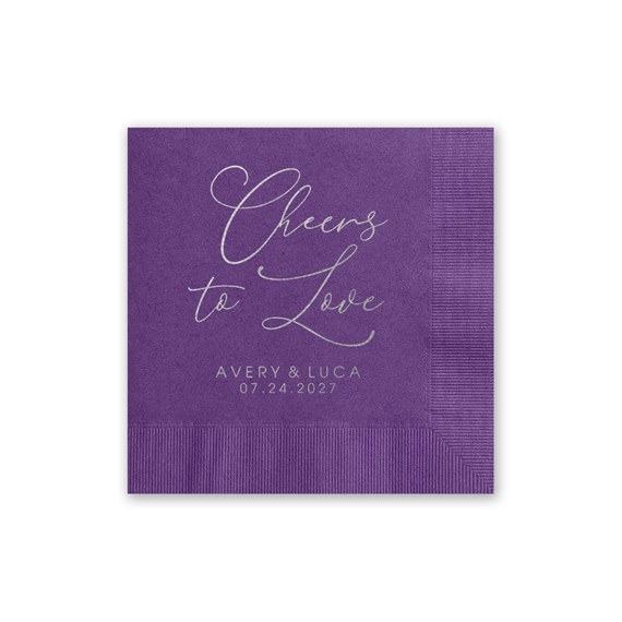 purple foil cocktail napkin with text