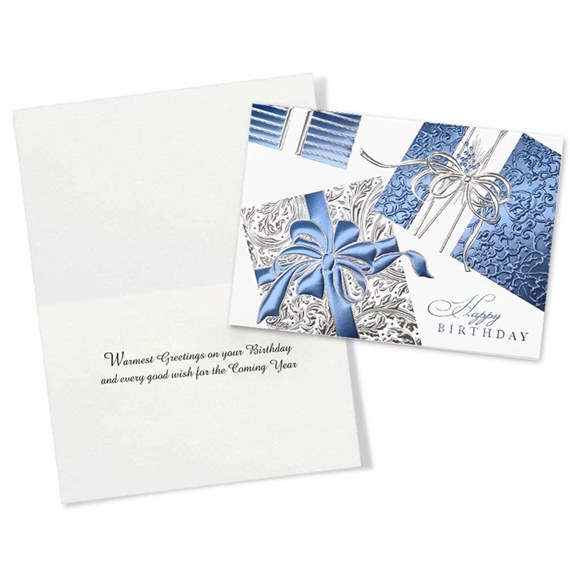 birthday card with blue and silver design, photo placeholder