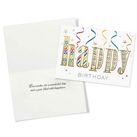 birthday card with colorful 'happy' text and streamers