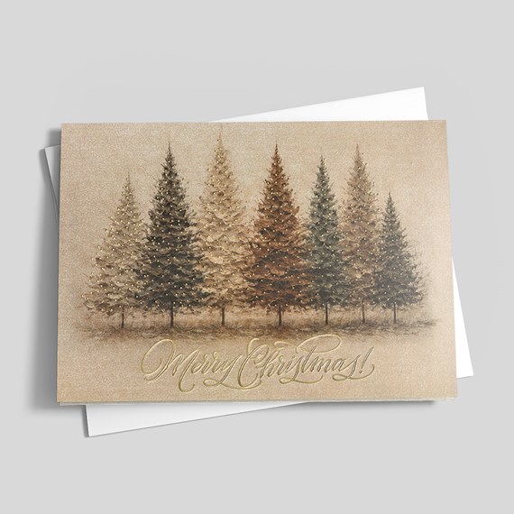 greeting card with trees and gold text