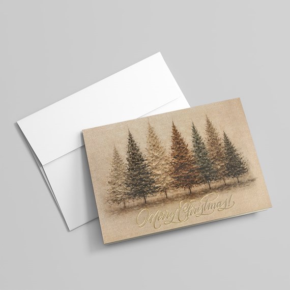 holiday card with Christmas trees and gold text