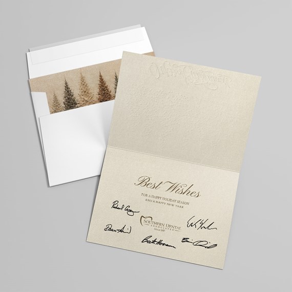 greeting card with embossed text and tree design