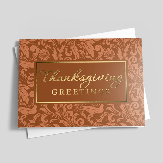 thanksgiving card with floral pattern and gold foil text