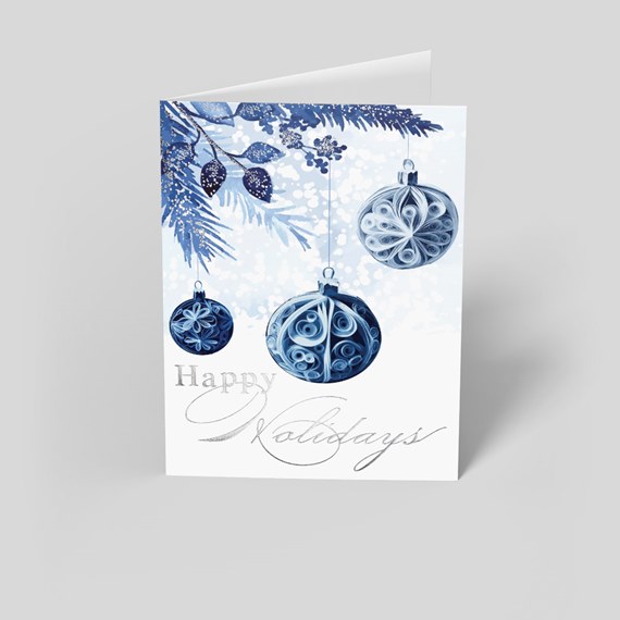 holiday card with ornaments and text