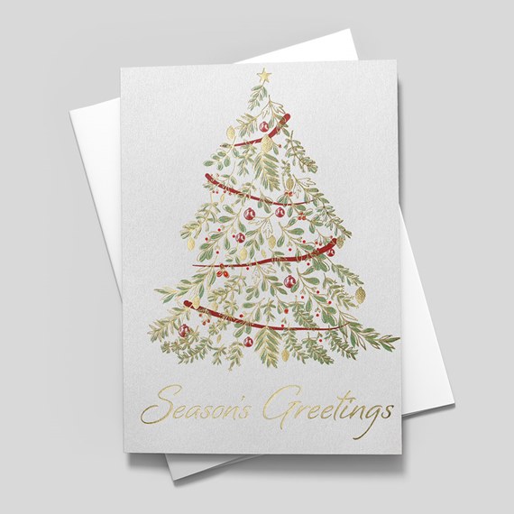 Christmas card with tree design and gold foil text