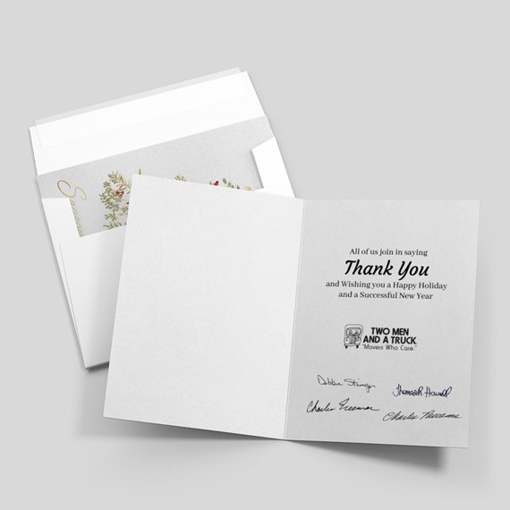 holiday card with wreath design and thank you message