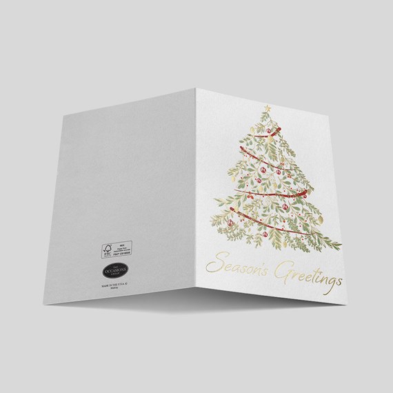 Christmas card with tree design and gold text