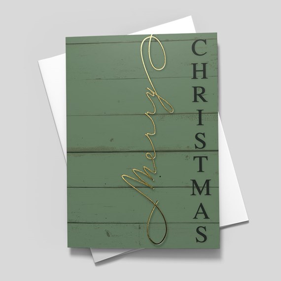 green wooden card with gold  foil and black text