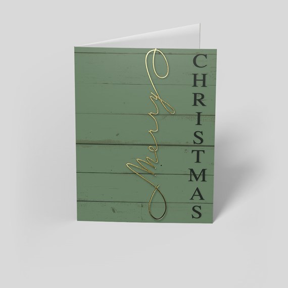 green card with gold foil cursive and black text