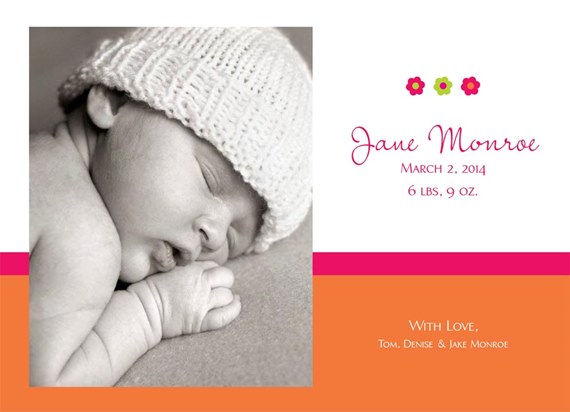 birth announcement card with sleeping newborn photo in knit hat, magenta stripe, orange panel and three flower icons with personalized text
