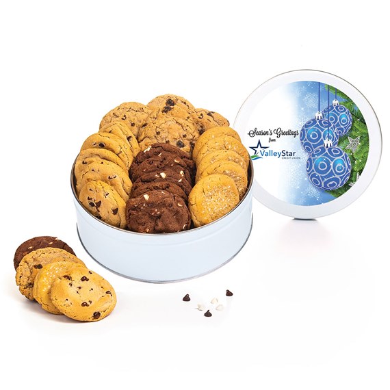 round cookie tin with assorted chocolate chip, double chocolate, and sugar cookies and a blue ornament holiday lid