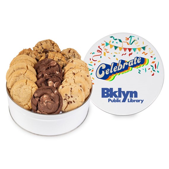 round white cookie tin with assorted cookies and decorated lid