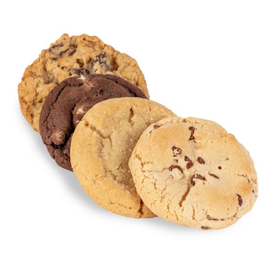 four assorted cookies overlapping on white background, including chocolate chip and double chocolate