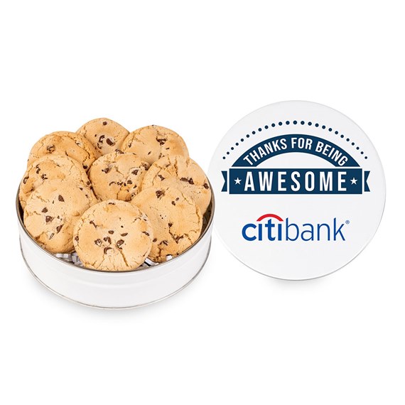 white round metal cookie tin filled with chocolate chip cookies and a removable lid with blue printed graphic
