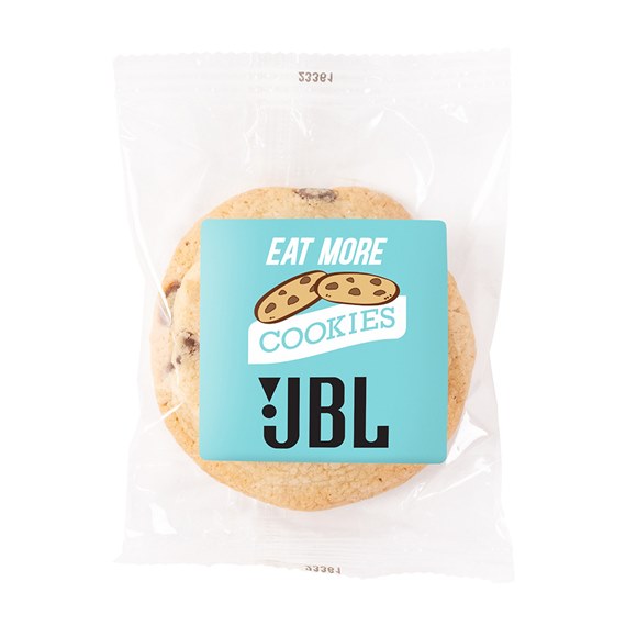 Individually wrapped chocolate chip cookie in clear plastic bag with turquoise sticker label and cookie illustration