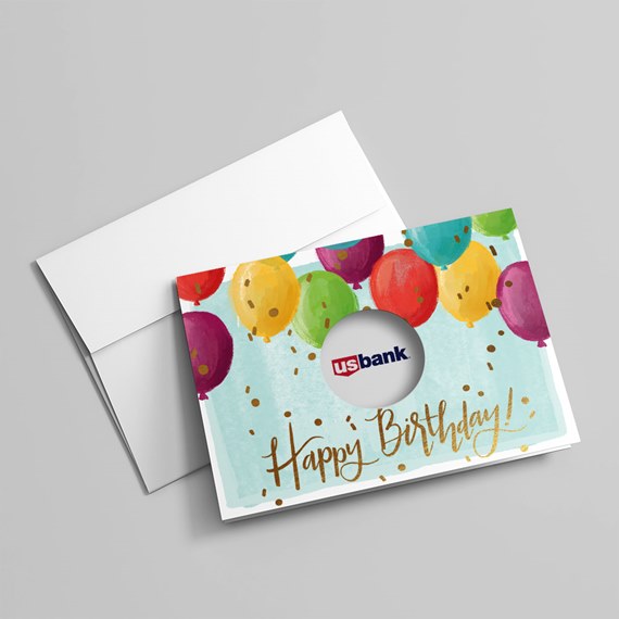 birthday card with photo placeholder and colorful balloons