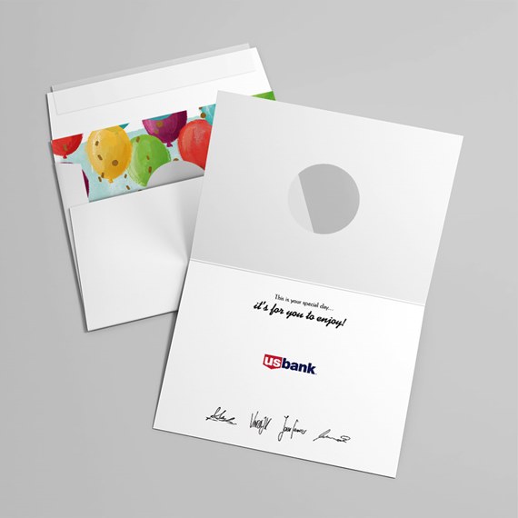 greeting card with photo placeholder and balloon design