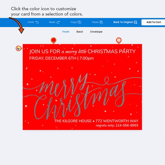 red card with silver text and snowflakes