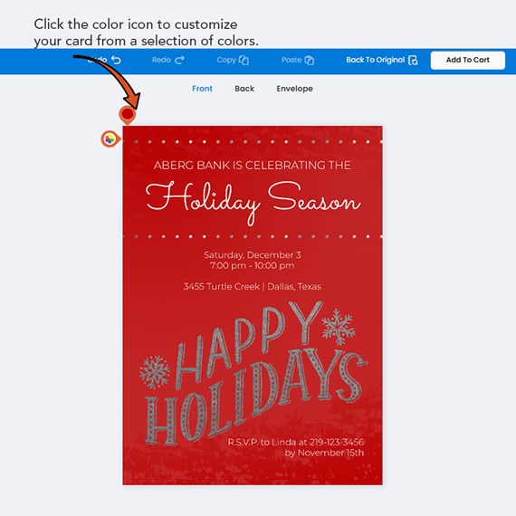 red holiday card with text and snowflakes