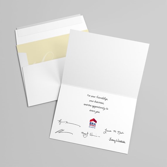 folded card with printed text and signatures, logo placeholder
