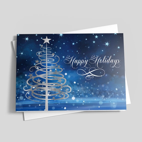 Blue holiday card with gray spiral Christmas tree, starry background and 'Happy Holidays' text