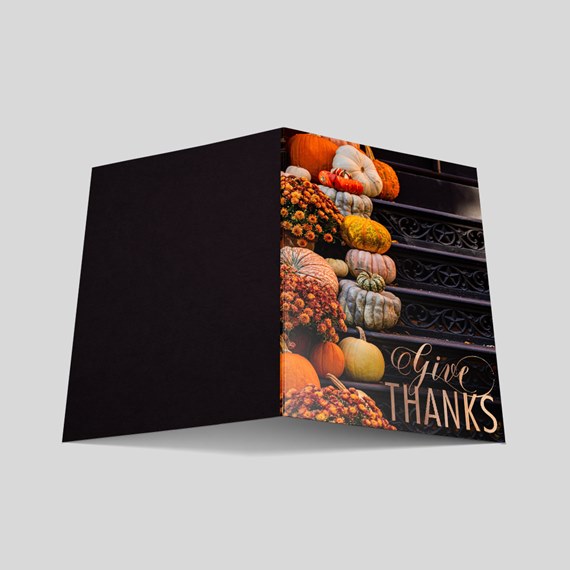 Folded Thanksgiving greeting card with pumpkins, mums and Give Thanks text