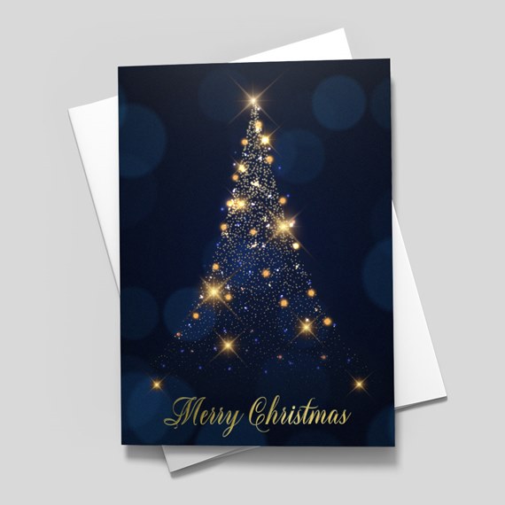 Christmas greeting card with gold sparkle tree on navy background and gold 