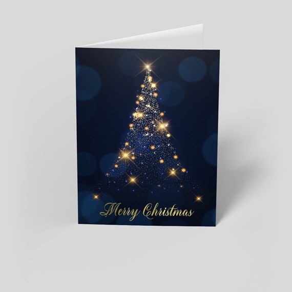 Folded navy Christmas greeting card with gold sparkling tree and 