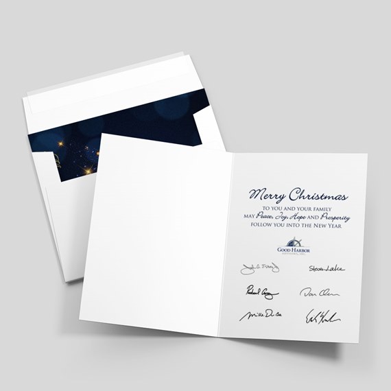 Open folded Christmas card with printed 