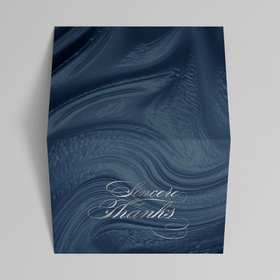 textured navy thank you card with silver lettering