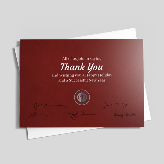 burgundy thank you card with holiday message and photo placeholder