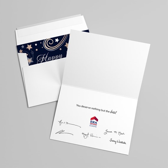 greeting card with navy interior and white exterior, photo placeholder