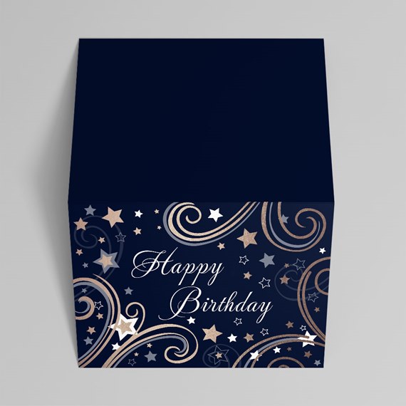 navy blue gift box with birthday design and stars