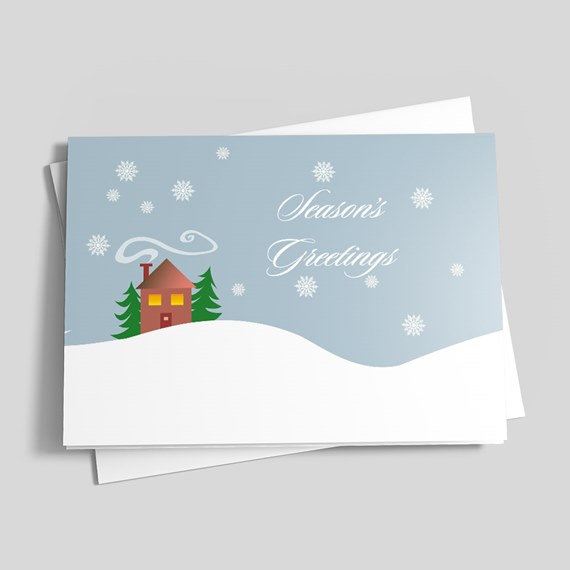 winter greeting card with house and trees, snowflakes