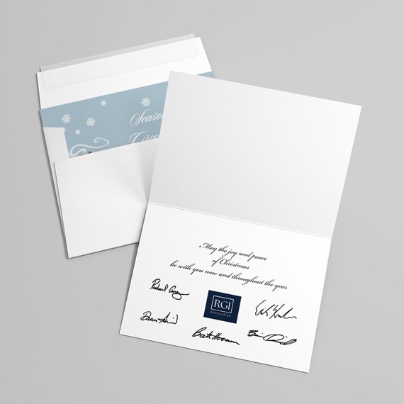greeting card with snowflakes, logo placeholder, customizable text area