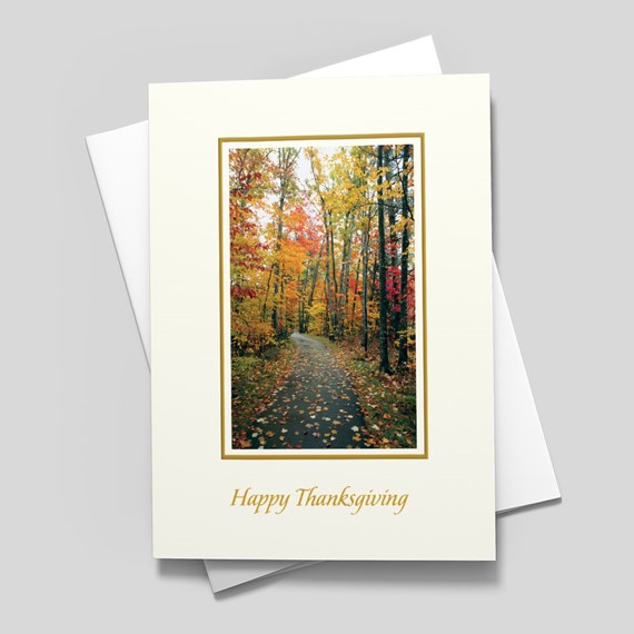autumn path photo placeholder with gold border and text