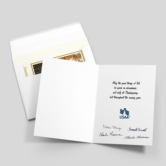 folded card with autumn scene and customizable text area